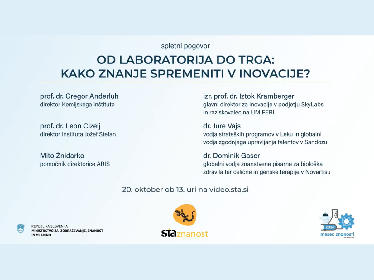 Naslovna grafika spletnega pogovora z imeni sodelujočih govorcev in logotipi podpornikov okrogle mize.