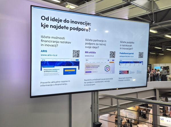 Digitalni zaslon na sejmišču prikazuje predstavitev podpore ARIS na področju raziskav, razvoja in inovacij.