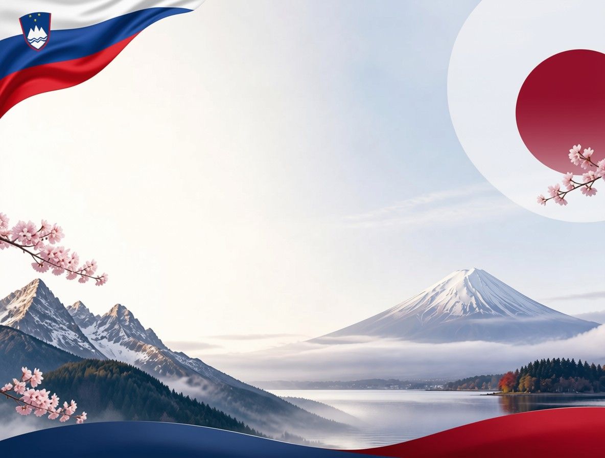 Grafična upodobitev slovenske in japonske zastave z gorskima pokrajinama, jezerom in cvetovi češnje v ospredju. Na levi je prikazana slovenska alpska pokrajina, na desni pa japonska gora Fudži.